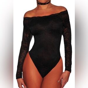 Black Floral Lace Long Sleeve Mesh Top – Lined Bodysuit (Size L)